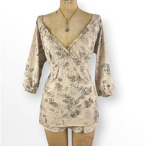Y2K Floral Smocked Blouse Ruffle Gold Trim Wrap V Neck Boho Coquette Size XL